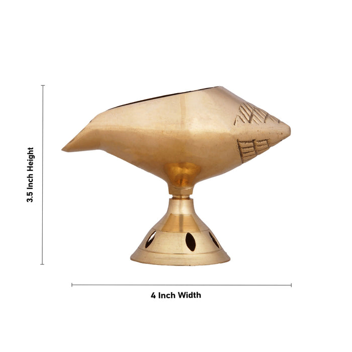 Shankh Shape Brass Lamp With Base - 3.5 x 4 Inches | Brass Pooja Diya/ Brass Deepam/ Brass Vilakku for Home