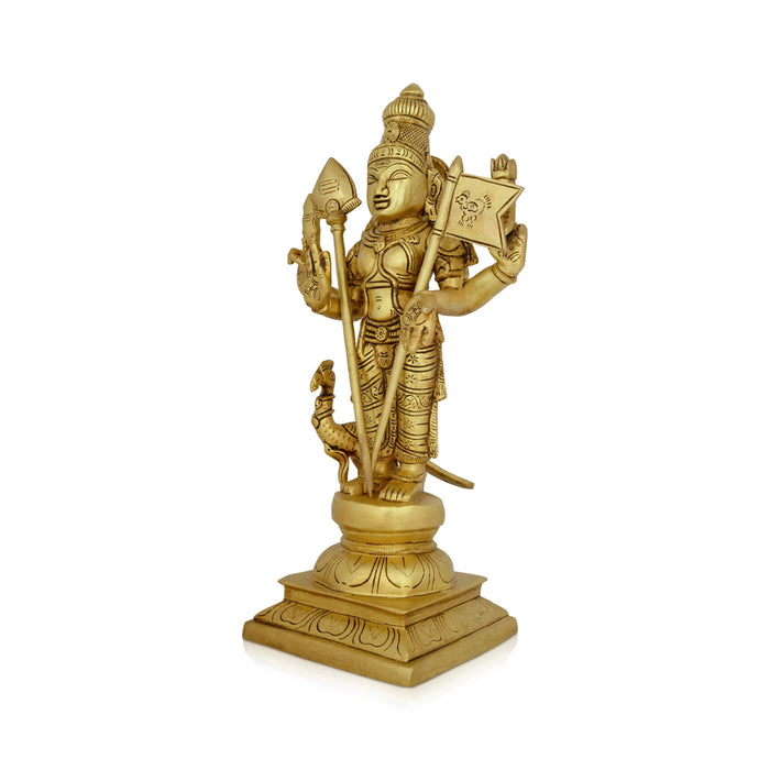 Murugan Statue With Peacock Standing On Base - 16 X 8 Inches | Kartikeya Statue/ Antique Brass Idol For Home