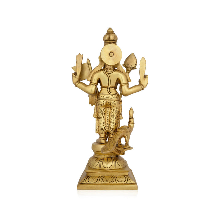 Murugan Statue With Peacock Standing On Base - 16 X 8 Inches | Kartikeya Statue/ Antique Brass Idol For Home
