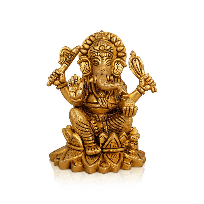 Ganesh Murti Sitting On Lotus - 4.5 X 4 Inches | Ganpati Murti/ Antique Brass Idol For Pooja Room