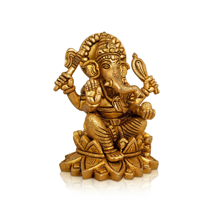 Ganesh Murti Sitting On Lotus - 4.5 X 4 Inches | Ganpati Murti/ Antique Brass Idol For Pooja Room