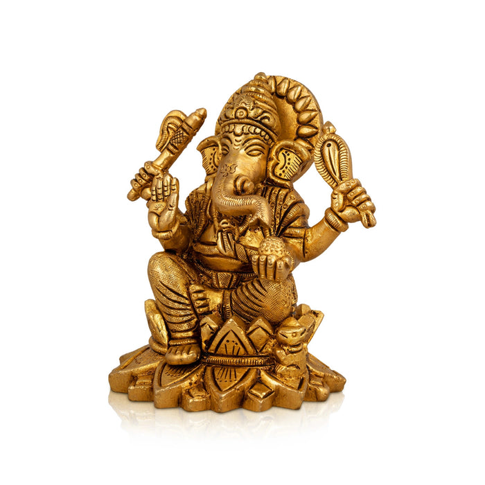 Ganesh Murti Sitting On Lotus - 4.5 X 4 Inches | Ganpati Murti/ Antique Brass Idol For Pooja Room
