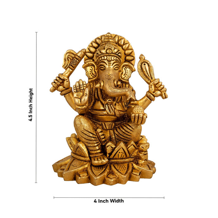Ganesh Murti Sitting On Lotus - 4.5 X 4 Inches | Ganpati Murti/ Antique Brass Idol For Pooja Room