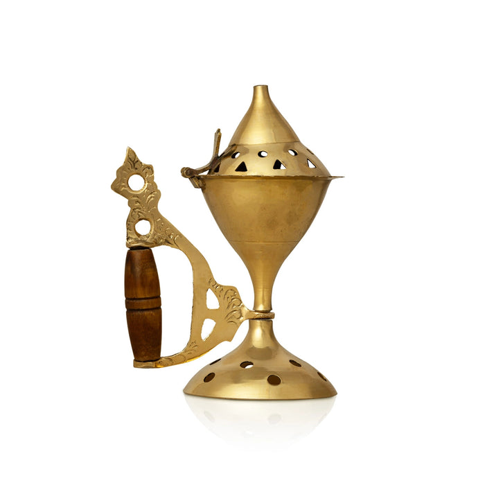 Dhoop Stand With Wooden Handle - 5 X 3.5 Inches | Dhoop Batti Stand/ Brass Sambrani Stand With Lid For Pooja