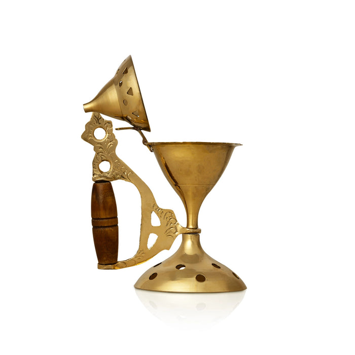 Dhoop Stand With Wooden Handle - 5 X 3.5 Inches | Dhoop Batti Stand/ Brass Sambrani Stand With Lid For Pooja