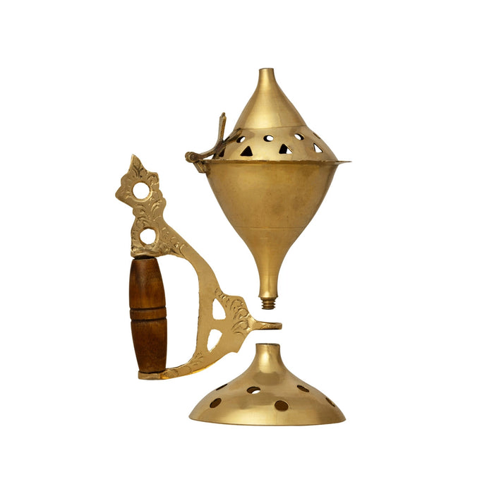 Dhoop Stand With Wooden Handle - 5 X 3.5 Inches | Dhoop Batti Stand/ Brass Sambrani Stand With Lid For Pooja