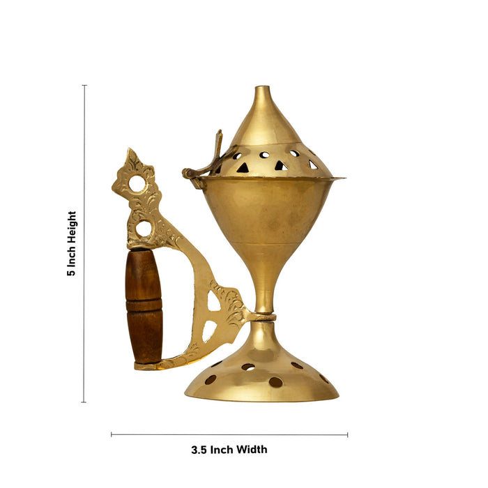 Dhoop Stand With Wooden Handle - 5 X 3.5 Inches | Dhoop Batti Stand/ Brass Sambrani Stand With Lid For Pooja