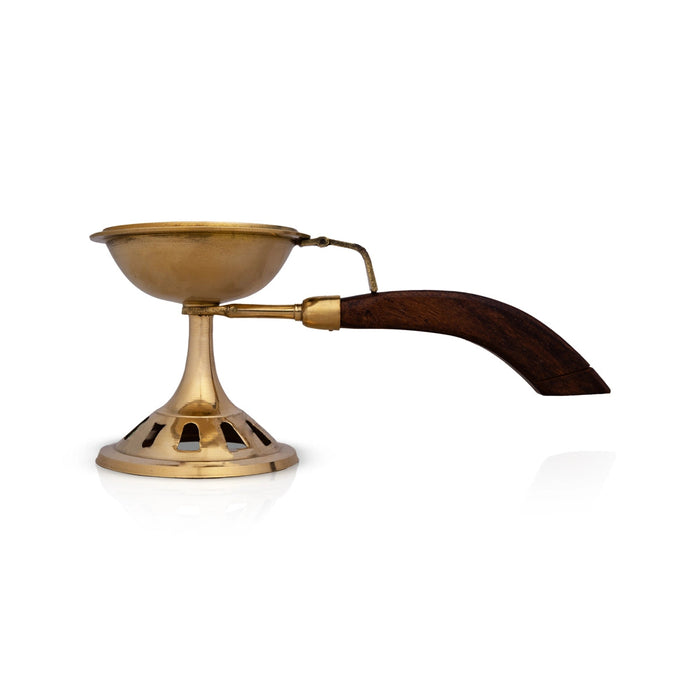 Sambrani Holder With Wooden Handle - 7 x 8 Inches | Brass Dhoop Stand/ Sambrani Stand for Pooja