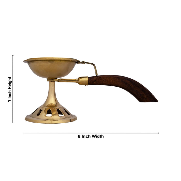 Sambrani Holder With Wooden Handle - 7 x 8 Inches | Brass Dhoop Stand/ Sambrani Stand for Pooja
