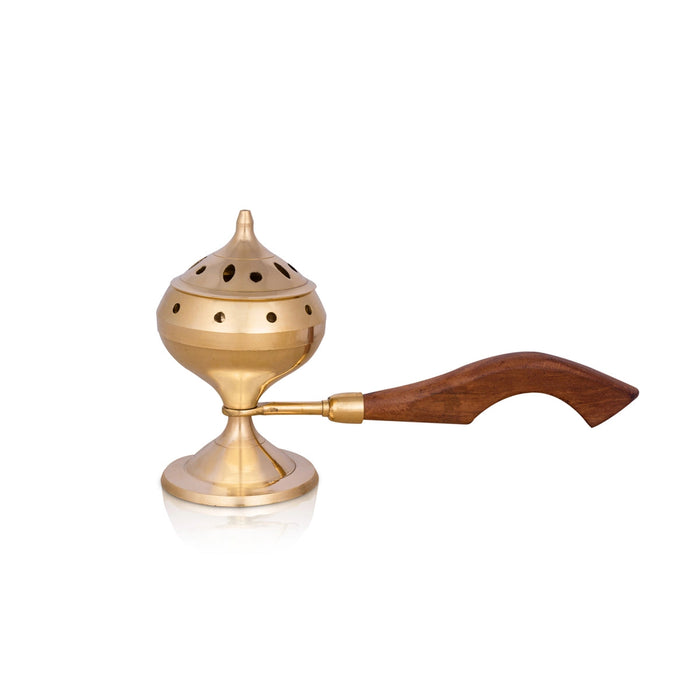 Sambrani Holder With Wooden Handle - 6 x 9 Inches | Brass Dhoop Stand With Lid/ Sambrani Stand for Pooja