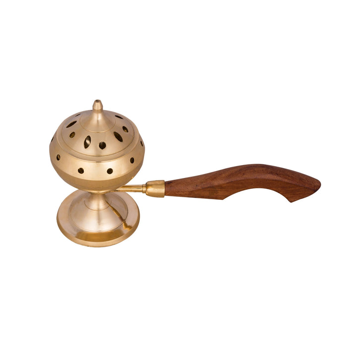 Sambrani Holder With Wooden Handle - 6 x 9 Inches | Brass Dhoop Stand With Lid/ Sambrani Stand for Pooja