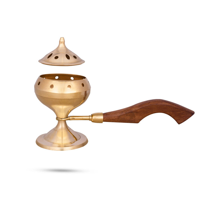 Sambrani Holder With Wooden Handle - 6 x 9 Inches | Brass Dhoop Stand With Lid/ Sambrani Stand for Pooja