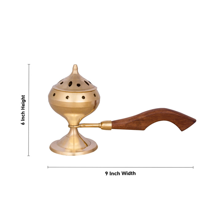 Sambrani Holder With Wooden Handle - 6 x 9 Inches | Brass Dhoop Stand With Lid/ Sambrani Stand for Pooja