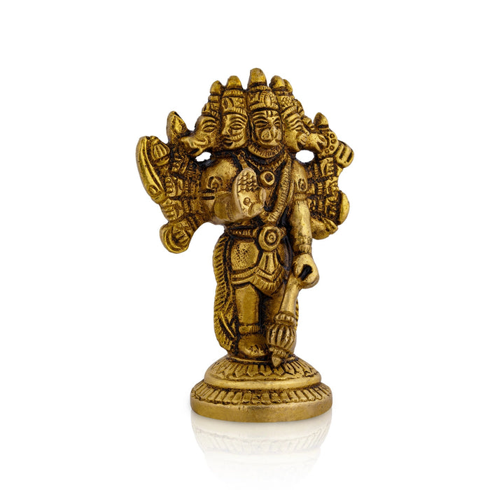 Panchmukhi Hanuman Murti Standing On Base- 4 X 2.5 Inches | 5 Face Anjaneya Statue/ Antique Brass Idol For Home