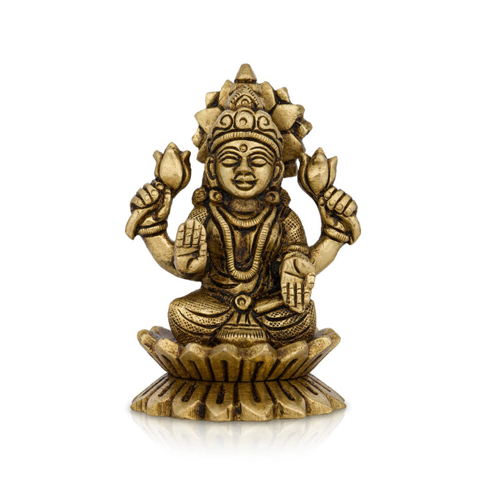 Lakshmi Idol Sitting On Lotus - 3 X 2 Inches | Laxmi Murti/ Antique Brass Idol For Wealth & Prosperity