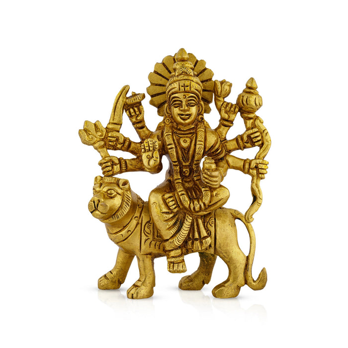Durga Statue Sitting On Lion - 4.5 x 3.5 Inches | Antique Brass Idol/ Durga Idol With 8 Hands for Pooja