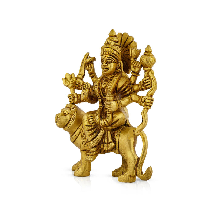 Durga Statue Sitting On Lion - 4.5 x 3.5 Inches | Antique Brass Idol/ Durga Idol With 8 Hands for Pooja