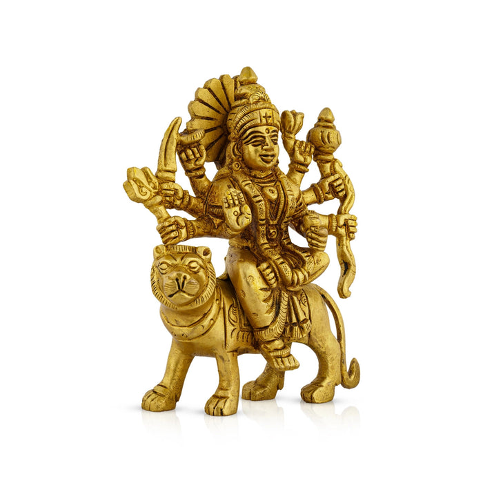 Durga Statue Sitting On Lion - 4.5 x 3.5 Inches | Antique Brass Idol/ Durga Idol With 8 Hands for Pooja