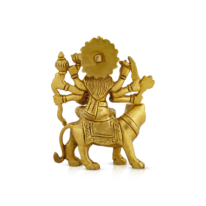 Durga Statue Sitting On Lion - 4.5 x 3.5 Inches | Antique Brass Idol/ Durga Idol With 8 Hands for Pooja