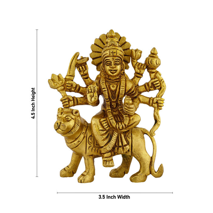 Durga Statue Sitting On Lion - 4.5 x 3.5 Inches | Antique Brass Idol/ Durga Idol With 8 Hands for Pooja