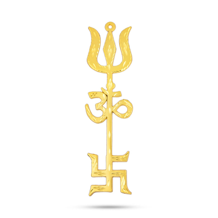 Om Swastik Trishul - 8.5 x 2.25 Inches | Gold Polish Om Swastik Soolam/Metal Om Swastik Design Astras for Deity
