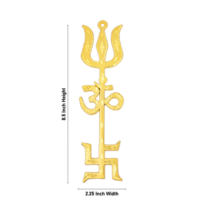 Om Swastik Trishul - 8.5 x 2.25 Inches | Gold Polish Om Swastik Soolam/Metal Om Swastik Design Astras for Deity