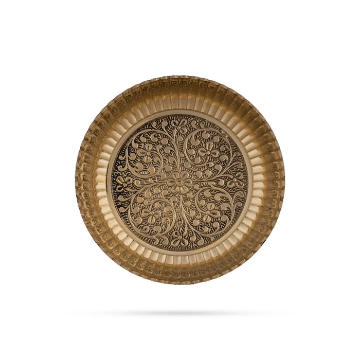 Brass Plate - 1 x 5.5 Inches | Engraved Flower Design Pooja Plate/ Thali Plate for Home