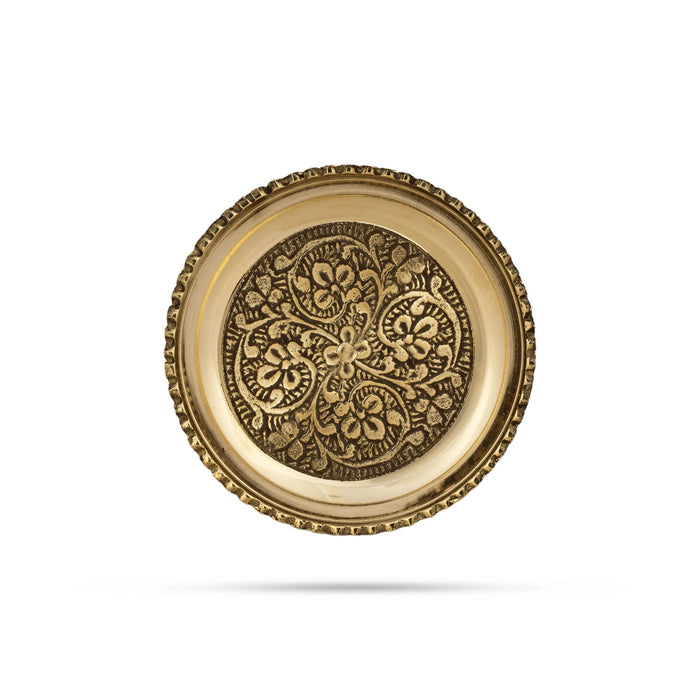 Brass Plate - 0.5 x 3 Inches | Engraved Flower Design Pooja Plate/ Thali Plate for Home