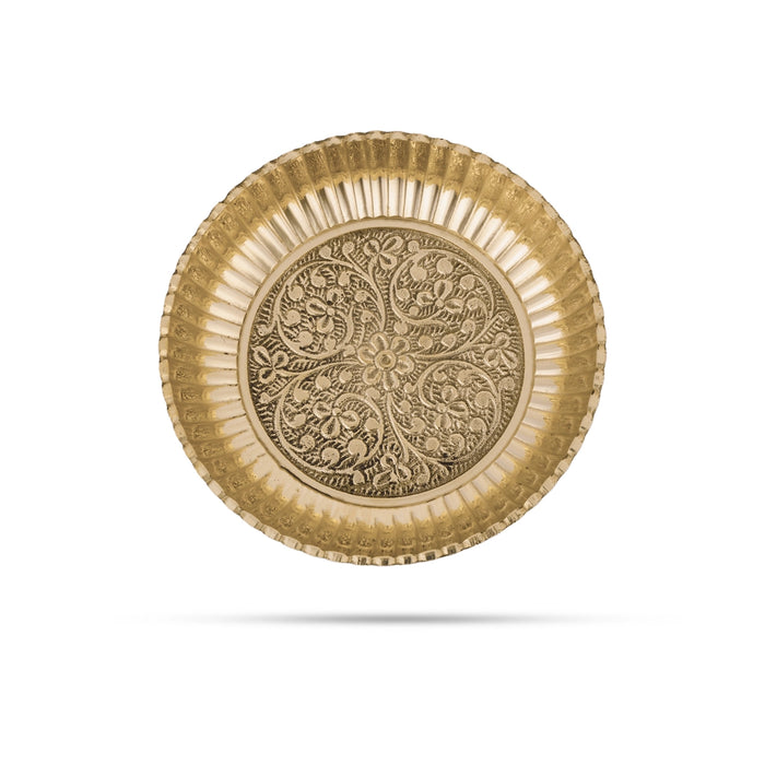 Brass Plate - 0.75 x 4.5 Inches | Engraved Flower Design Pooja Plate/ Plate Thali for Home