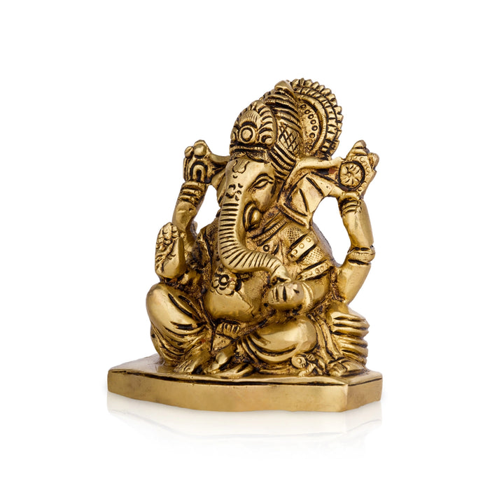 Ganesh Murti Sitting On Base - 4 x 3.5 Inches | Vinayaka Statue/ Antique Brass Idol for Pooja