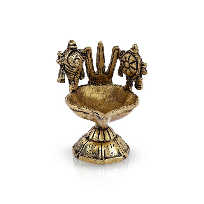 Shankh Chakra Namam Design Brass Lamp- 2.75 X 1.75 Inches | Deepam/ Antique Polish Vilakku With Base For Pooja