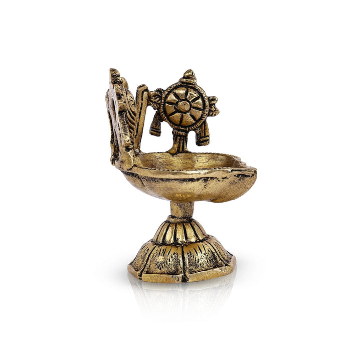 Shankh Chakra Namam Design Brass Lamp- 2.75 X 1.75 Inches | Deepam/ Antique Polish Vilakku With Base For Pooja
