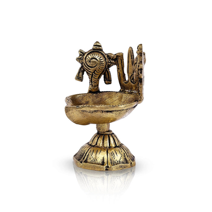 Shankh Chakra Namam Design Brass Lamp- 2.75 X 1.75 Inches | Deepam/ Antique Polish Vilakku With Base For Pooja