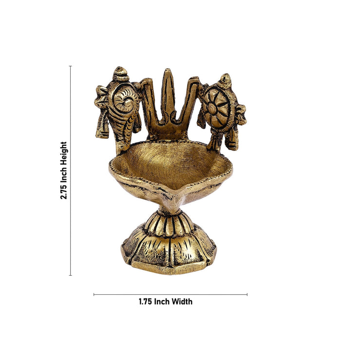 Shankh Chakra Namam Design Brass Lamp- 2.75 X 1.75 Inches | Deepam/ Antique Polish Vilakku With Base For Pooja
