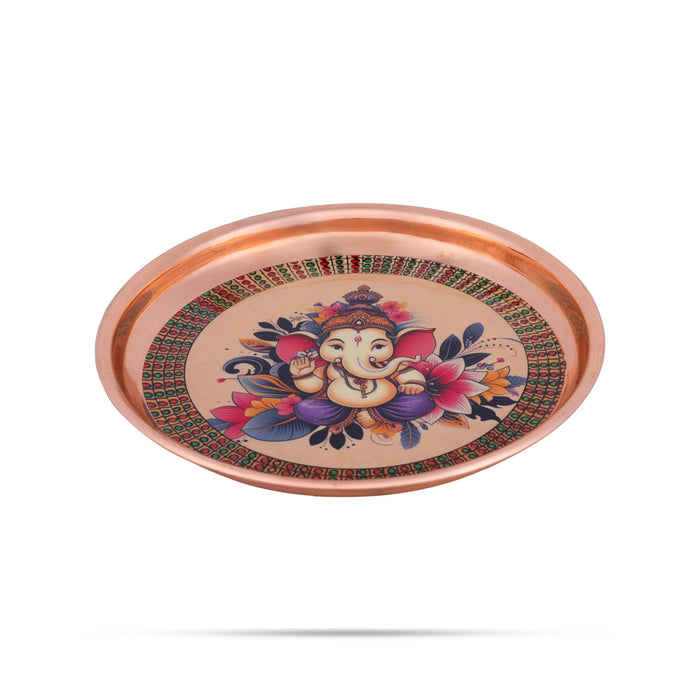 Ganesh Murti Design Pooja Plate - 6 Inches | Stainless Steel Thali Plate/ Copper Polish Puja Plate For Aarti