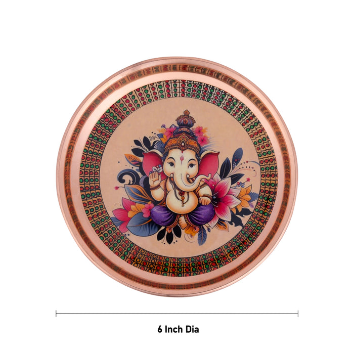Ganesh Murti Design Pooja Plate - 6 Inches | Stainless Steel Thali Plate/ Copper Polish Puja Plate For Aarti