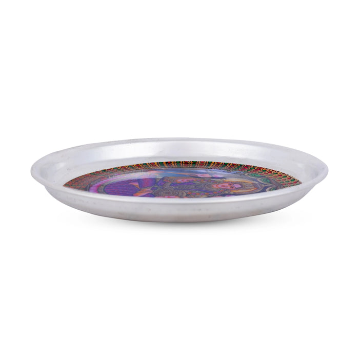 Gajalakshmi Murti Design Pooja Plate- 6 Inches | Stainless Steel Thali Plate/ Silver Polish Puja Plate For Aarti
