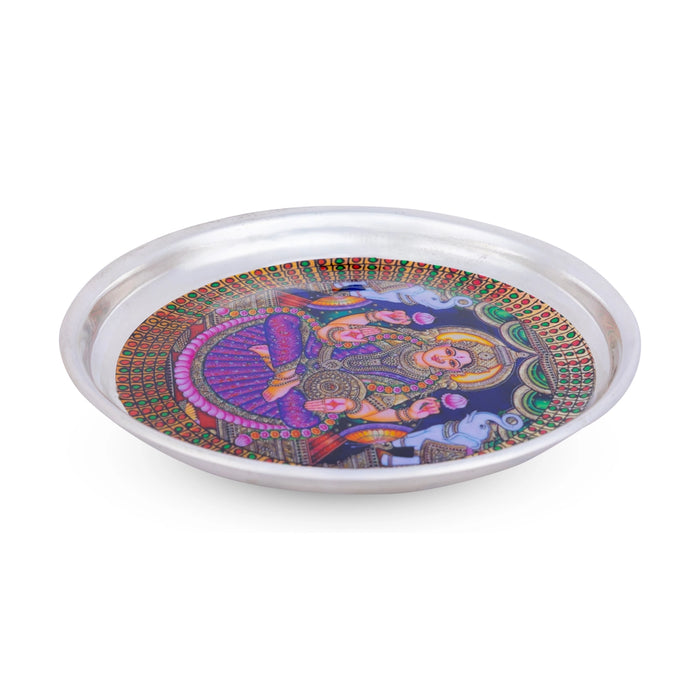 Gajalakshmi Murti Design Pooja Plate- 6 Inches | Stainless Steel Thali Plate/ Silver Polish Puja Plate For Aarti