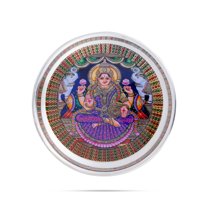 Gajalakshmi Murti Design Pooja Plate- 6 Inches | Stainless Steel Thali Plate/ Silver Polish Puja Plate For Aarti