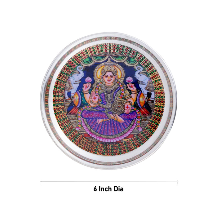 Gajalakshmi Murti Design Pooja Plate- 6 Inches | Stainless Steel Thali Plate/ Silver Polish Puja Plate For Aarti