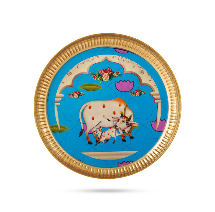 Cow And Calf Design Pichwai Plate - 10 Inches | Round Shape/ Brass Thali Plate/Decorative Serving Plate