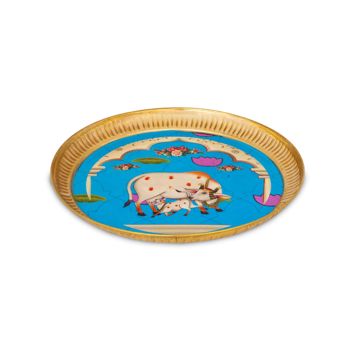 Cow And Calf Design Pichwai Plate - 10 Inches | Round Shape/ Brass Thali Plate/Decorative Serving Plate