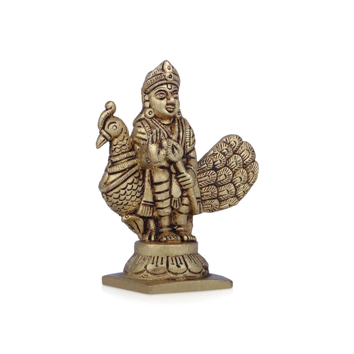 Balamurugan Statue with Peacock - 3.75 x 3.5 Inches | Antique Brass Idol/ Kartikeya Statue for Pooja