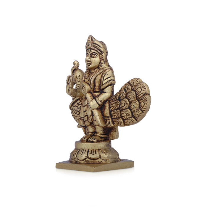 Balamurugan Statue with Peacock - 3.75 x 3.5 Inches | Antique Brass Idol/ Kartikeya Statue for Pooja