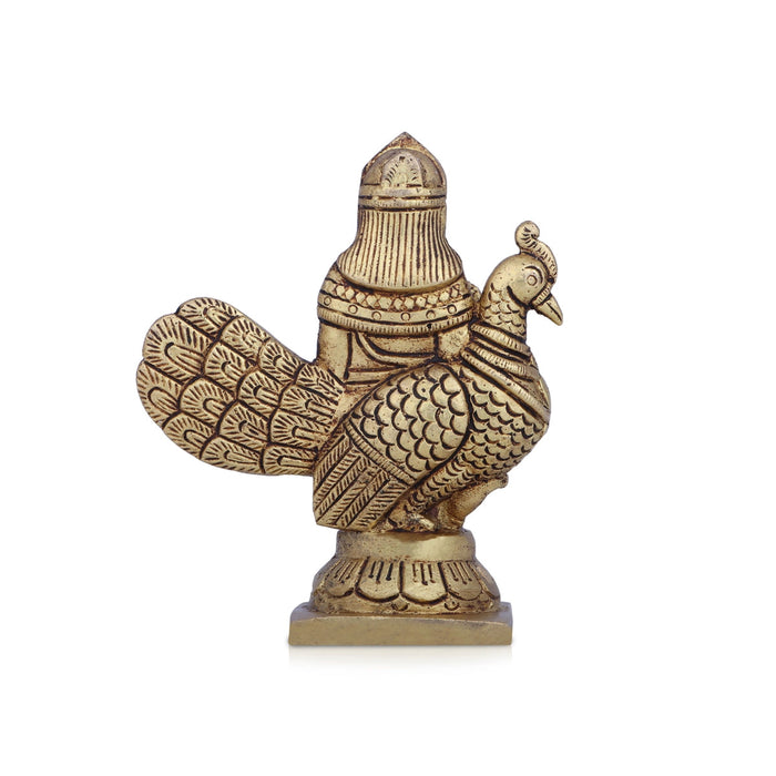 Balamurugan Statue with Peacock - 3.75 x 3.5 Inches | Antique Brass Idol/ Kartikeya Statue for Pooja