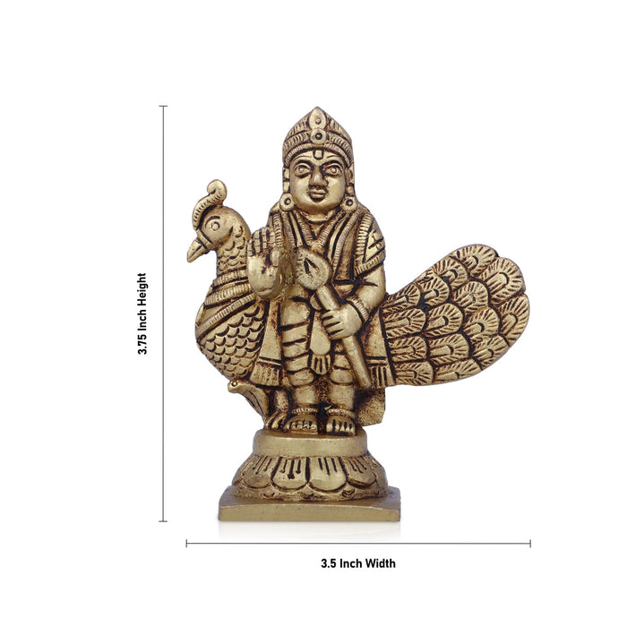 Balamurugan Statue with Peacock - 3.75 x 3.5 Inches | Antique Brass Idol/ Kartikeya Statue for Pooja