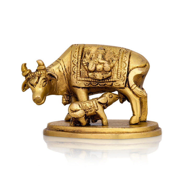 Kamdhenu Cow With Calf Idol With Base- 2 x 3.5 Inches | Brass Idol/Antique Polish Cow And Calf Statue for Home