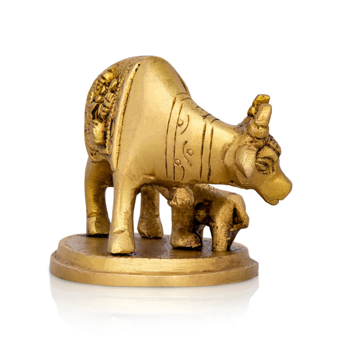 Kamdhenu Cow With Calf Idol With Base- 2 x 3.5 Inches | Brass Idol/Antique Polish Cow And Calf Statue for Home