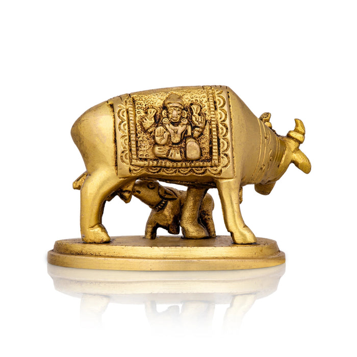 Kamdhenu Cow With Calf Idol With Base- 2 x 3.5 Inches | Brass Idol/Antique Polish Cow And Calf Statue for Home