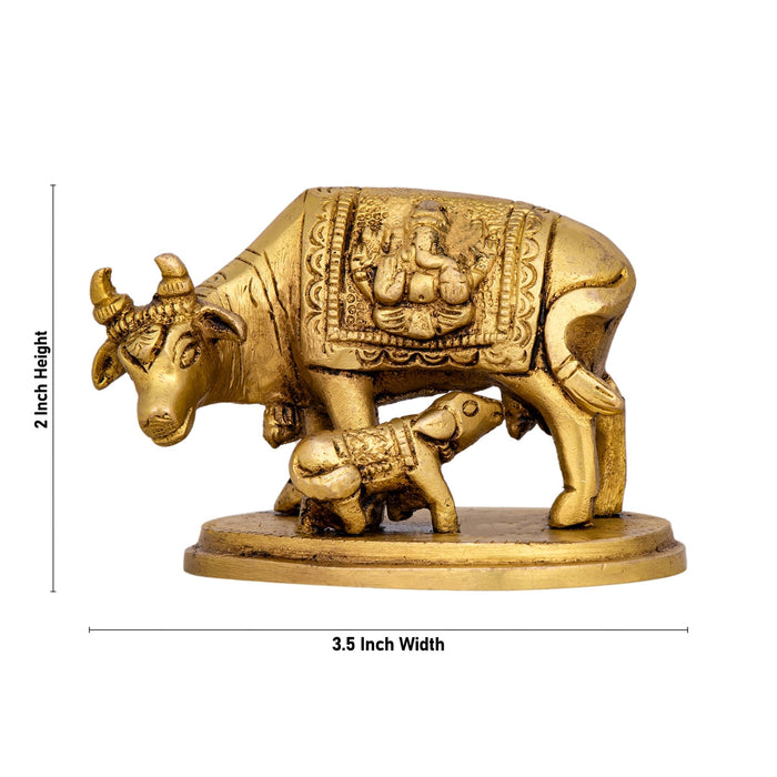 Kamdhenu Cow With Calf Idol With Base- 2 x 3.5 Inches | Brass Idol/Antique Polish Cow And Calf Statue for Home